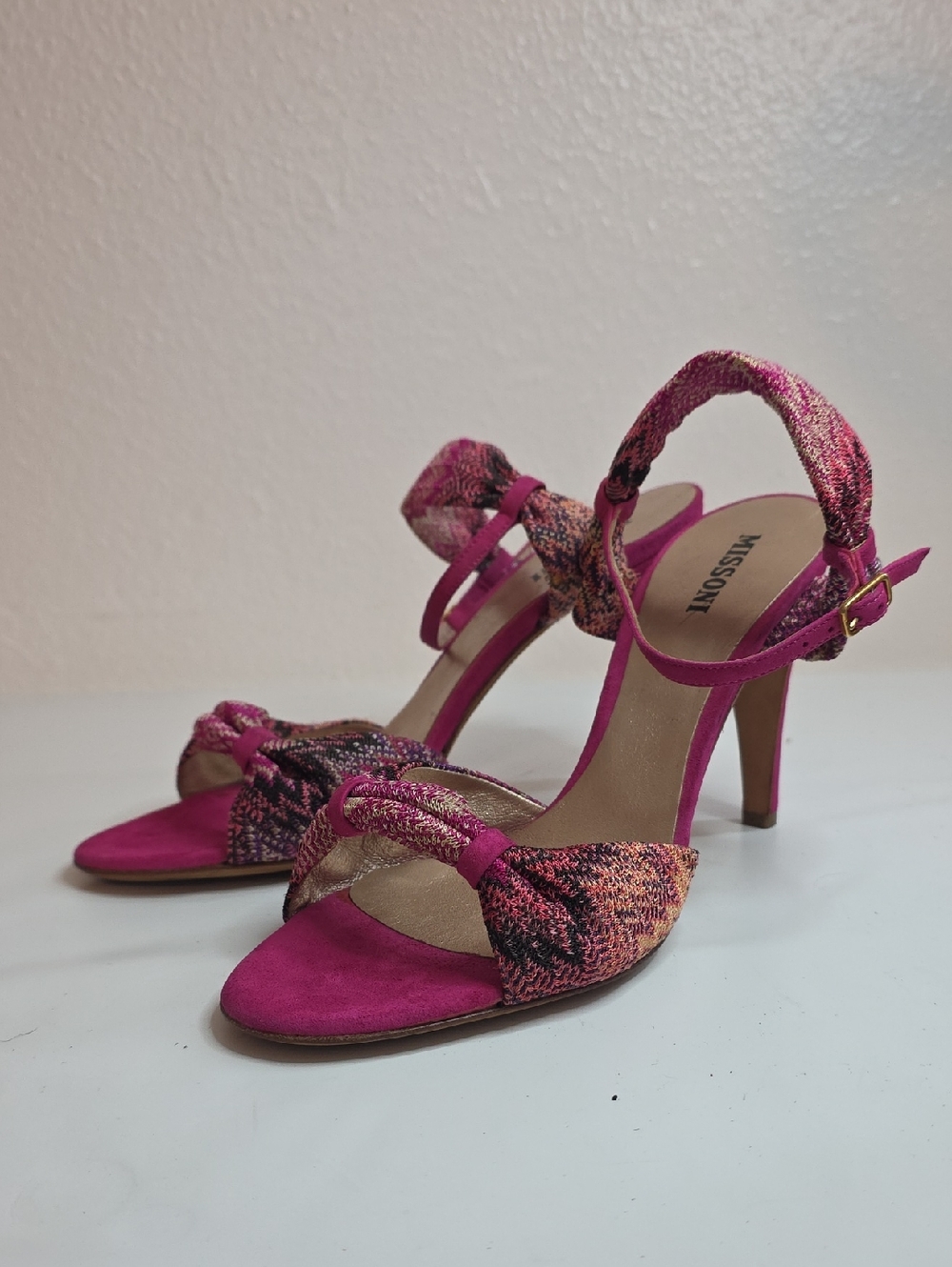 MISSONI CHEVRON CLOTH SUEDE ANKLE STRAP PINK MULTICOLOR HEELS LADIES SIZE 39